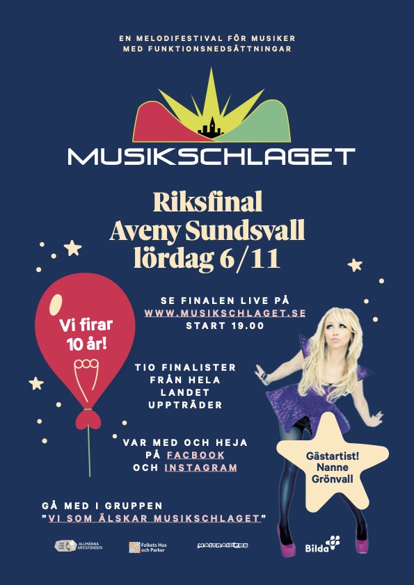 Affisch med information om att finalen kan ses livesänd på www.musikschalget.se med start 19.00

Att Musikschlaget firar 10 år. 
Att tio finalister från hela landet uppträder. 

En bild på Nanne Grönvall med info om att hon är gästartist. 

Uppmaning att vara med och heja på Facebook och Instagram. Gå med i FB-gruppen "Vi som älskar Musikschlaget."