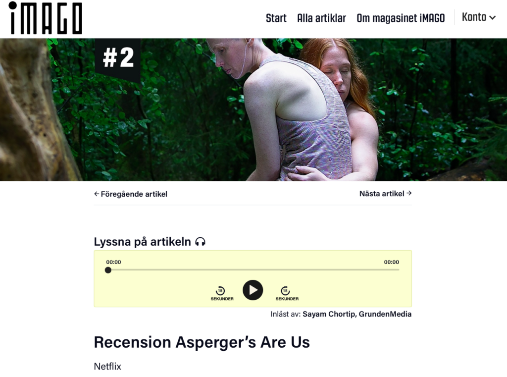 Skärmdump från iMAGOs hemsida som visar artikeln "Recension Aspergers are us". En spelare är i fokus som visar att det går att få artikeln uppläst.