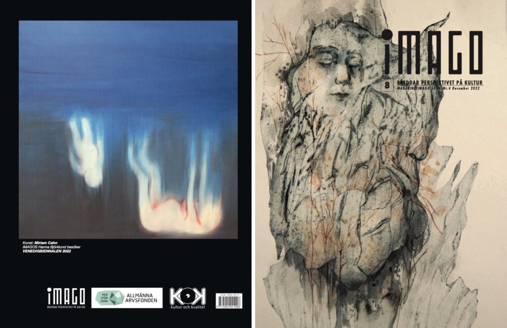 Omslaget till iMAGO med två konstverk. På baksidan en målning Miriam Cahn med två suddiga gestalter som tycks falla genom bilden. På framsidan målning av Hanna Windarp. En abstrakt form med en blundade ansikte. 