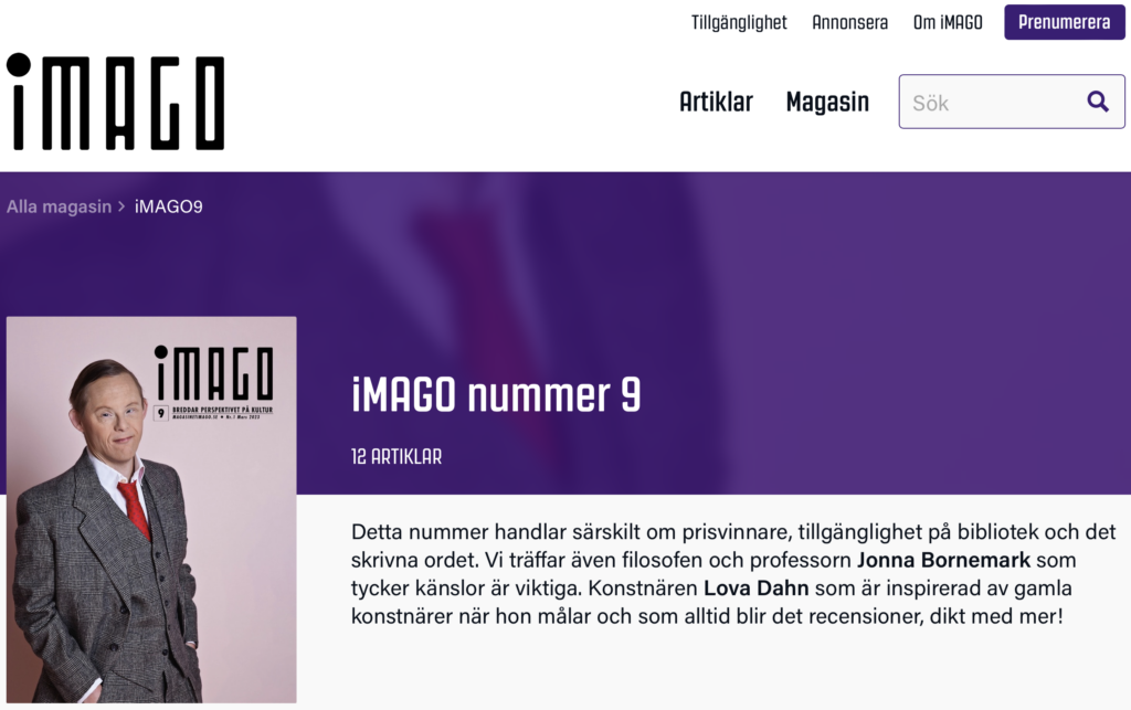 Bild från iMAGOs nya hemsida som visar iMAGO 9 med skådespelare Niclas Lendemar på framsidan.