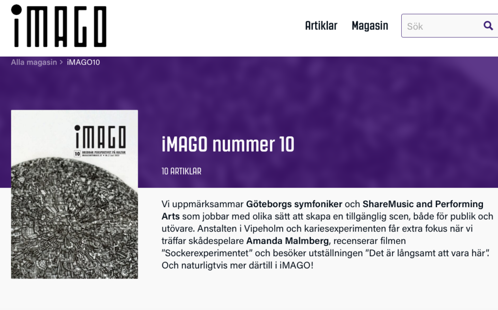 En bild från iMAGOs hemsida som visar omslaget till iMAGO 10 och en kort introduktion av innehållet.